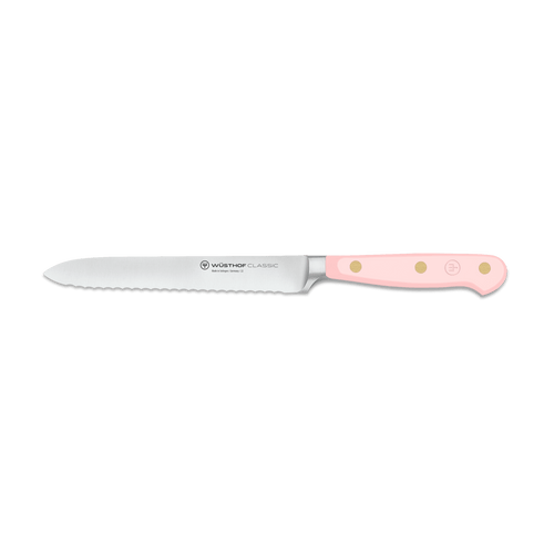 Classic 5" Serrated Utility Knife featuring a matte pink triple-riveted handle and a precision-forged serrated blade for efficient slicing.