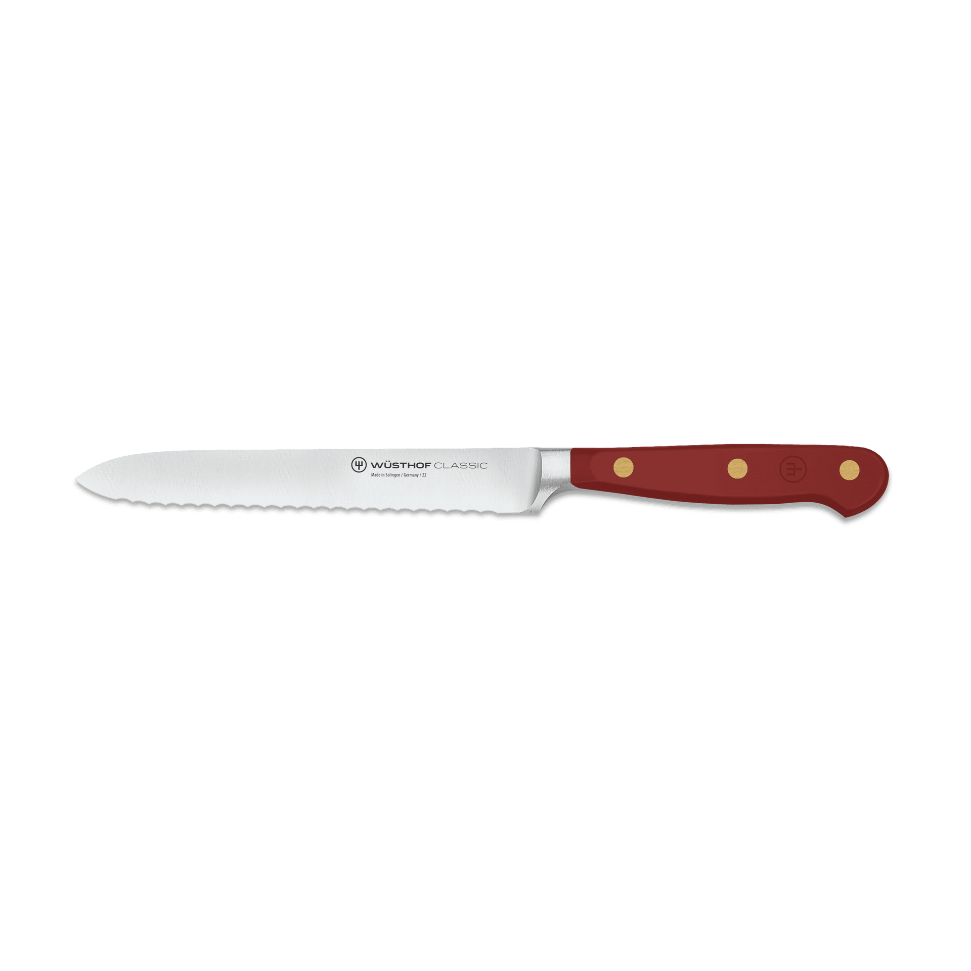 Classic 5" Serrated Utility Knife with a polished stainless steel blade and a triple-riveted, dark red ergonomic handle designed for versatile kitchen use.