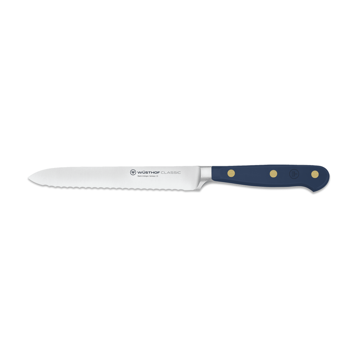 Classic 5" Serrated Utility Knife featuring a polished stainless steel blade and a dark blue triple-riveted handle for precision and durability in the kitchen.