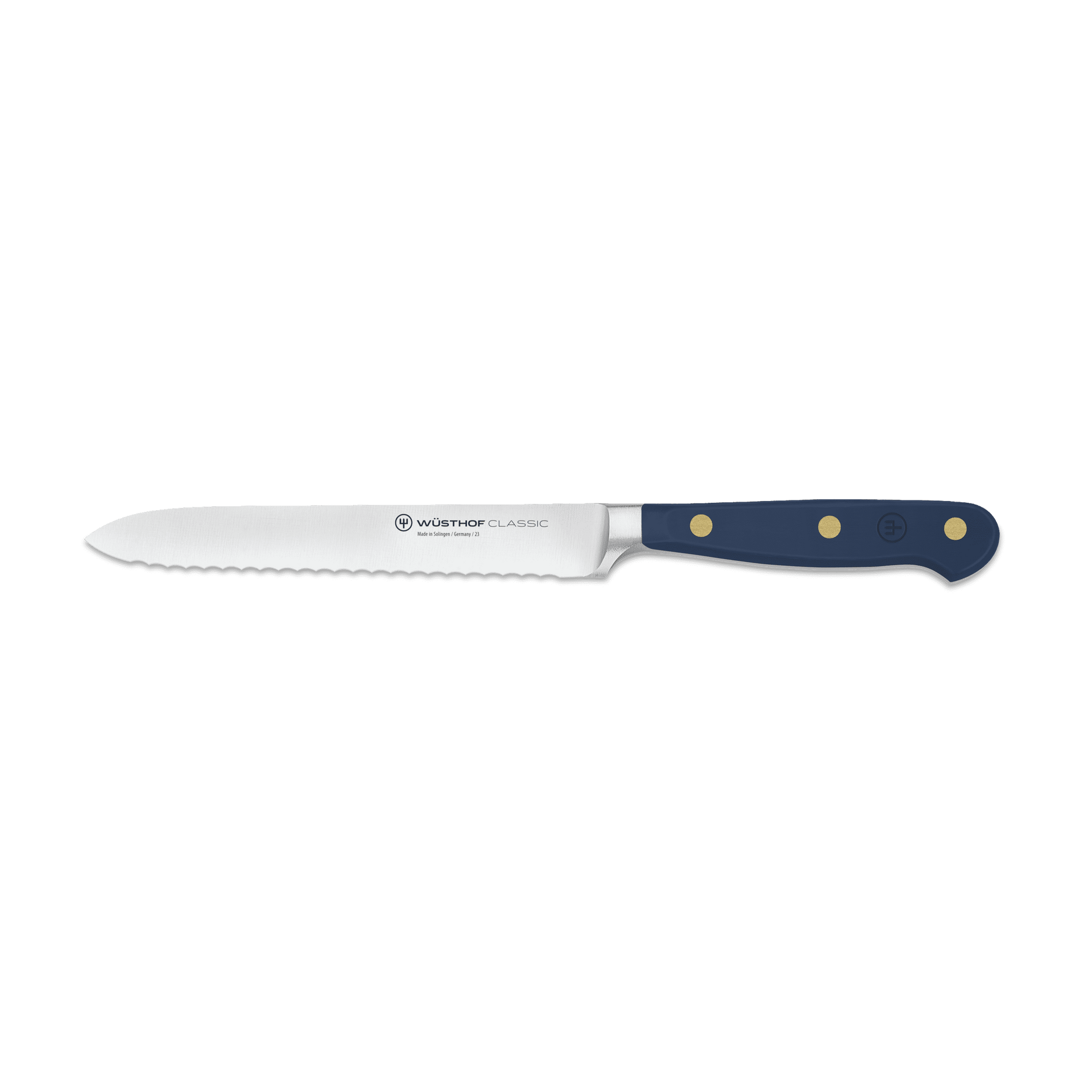 Classic 5" Serrated Utility Knife featuring a polished stainless steel blade and a dark blue triple-riveted handle for precision and durability in the kitchen.