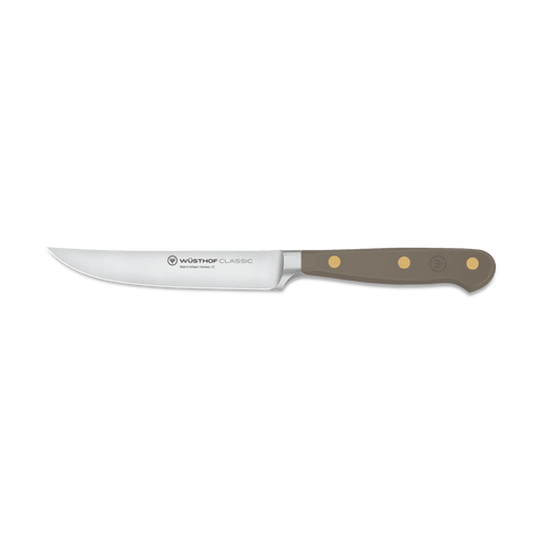 Classic 4 1/2" Steak Knife with a sleek stainless steel blade and a taupe ergonomic handle secured by three brass rivets for balanced control and durability.