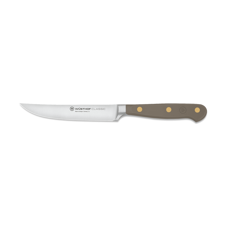 Classic 4 1/2" Steak Knife with a sleek stainless steel blade and a taupe ergonomic handle secured by three brass rivets for balanced control and durability.