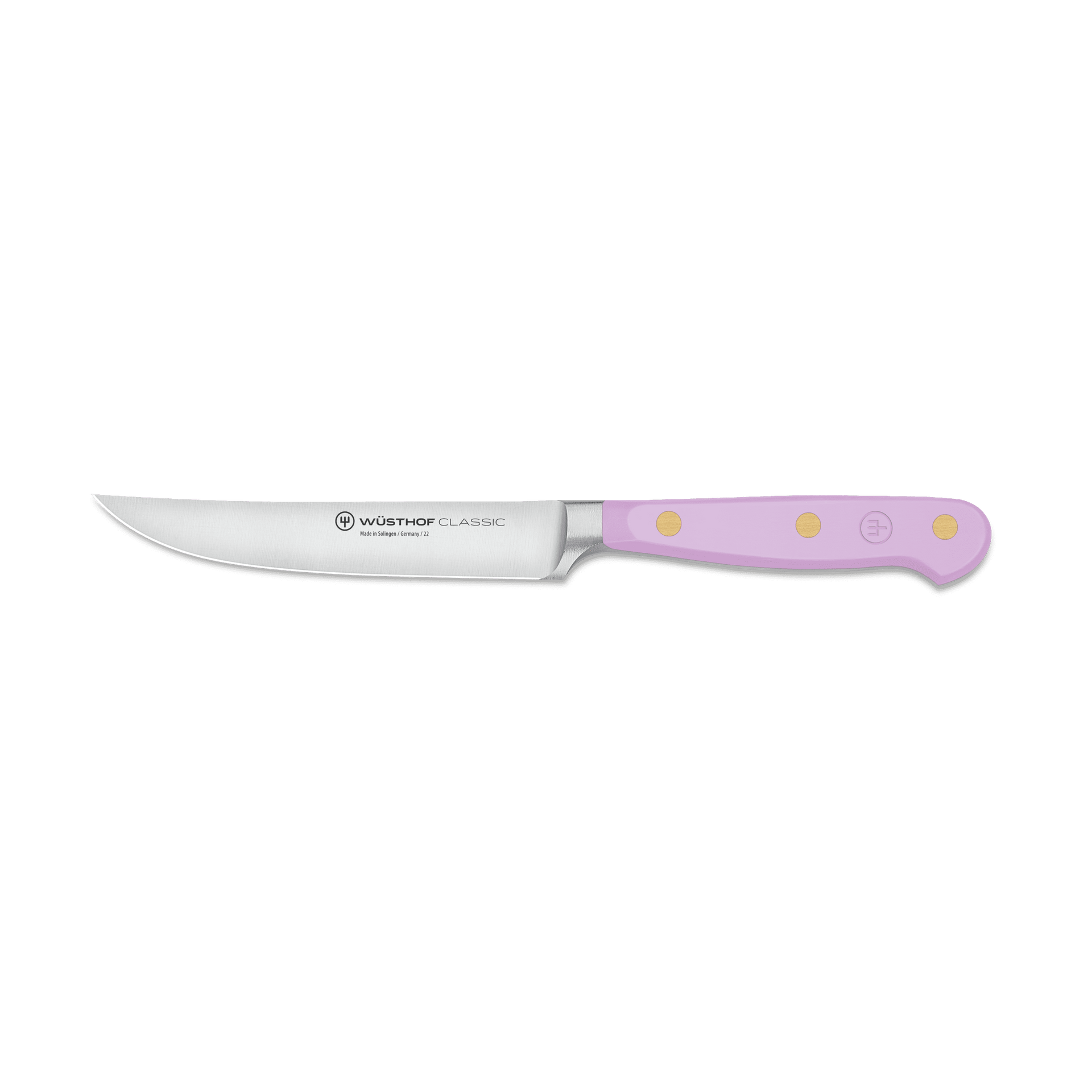 Classic 4 1/2" Steak Knife with a sharp stainless steel blade and a lavender ergonomic handle secured by three brass rivets for precision and durability.