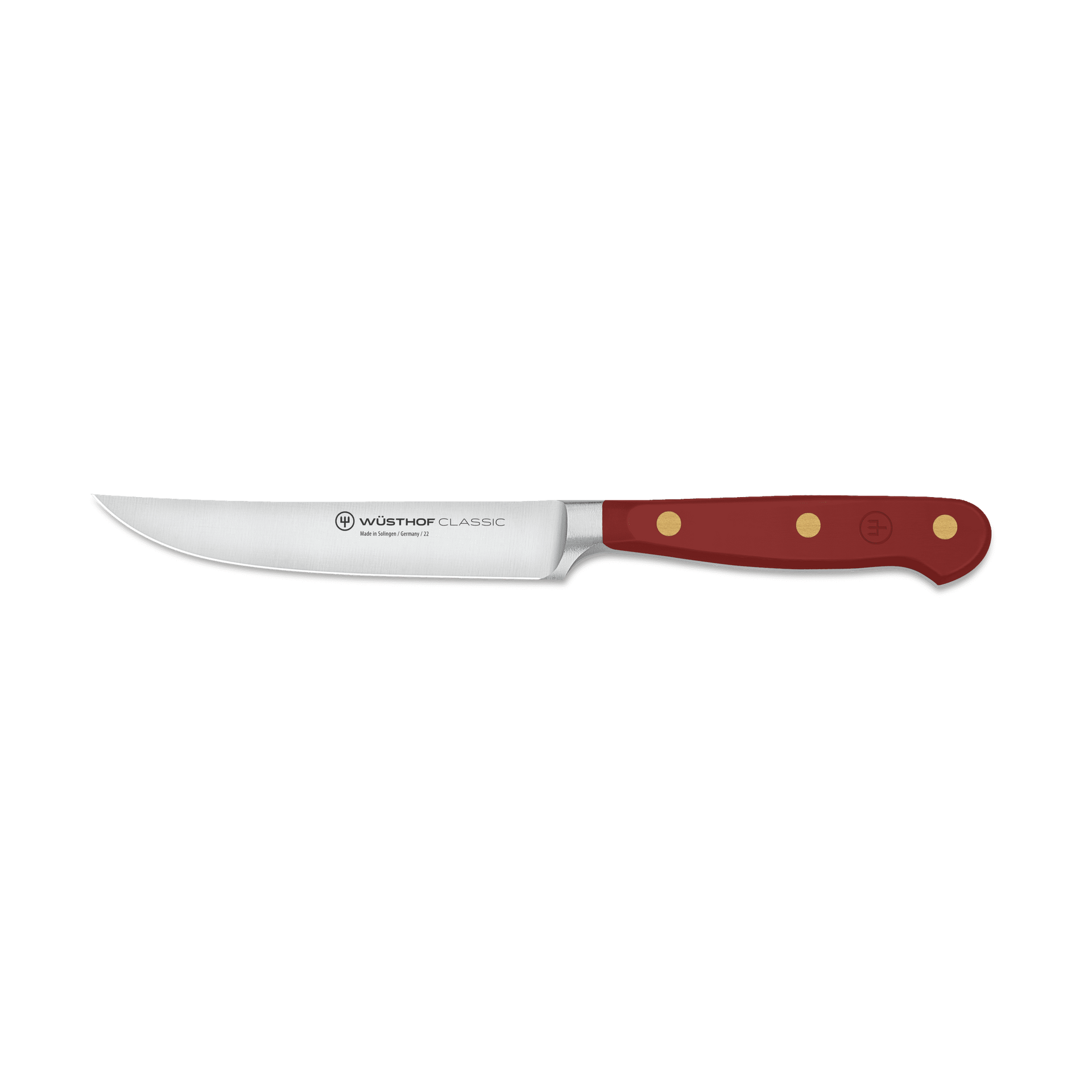 Classic 4 1/2" Steak Knife with a sharp stainless steel blade and a polished red handle featuring three brass rivets and ergonomic design for balanced control.