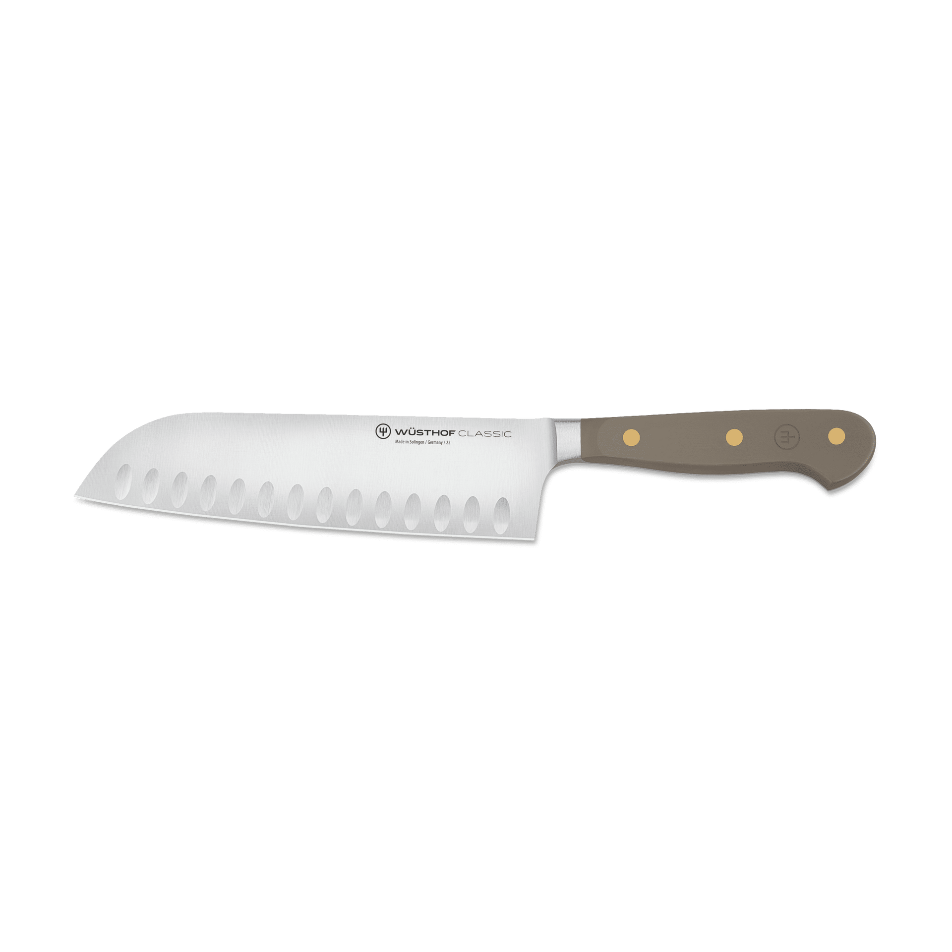 Classic 7" Hollow Edge Santoku with a German stainless steel blade featuring scalloped edges and a triple-riveted taupe handle for durability and control.