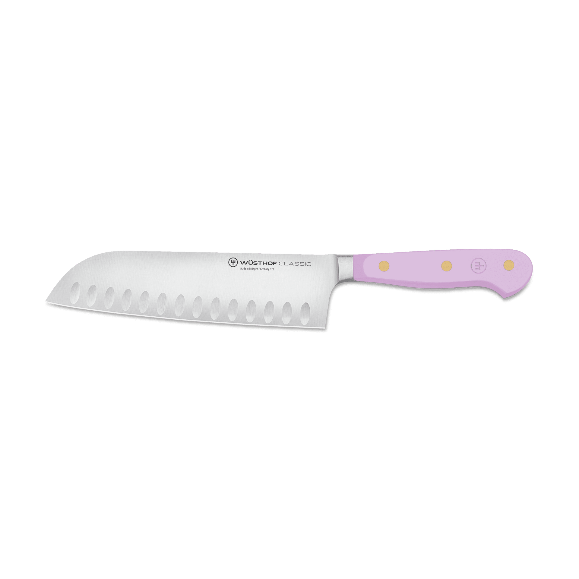 Classic 7" Hollow Edge Santoku with forged German steel blade featuring scalloped indentations and a pastel pink triple-riveted handle for balanced control.