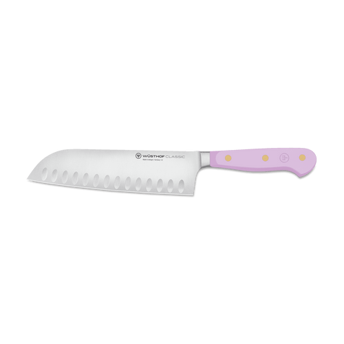Classic 7" Hollow Edge Santoku with forged German steel blade featuring scalloped indentations and a pastel pink triple-riveted handle for balanced control.