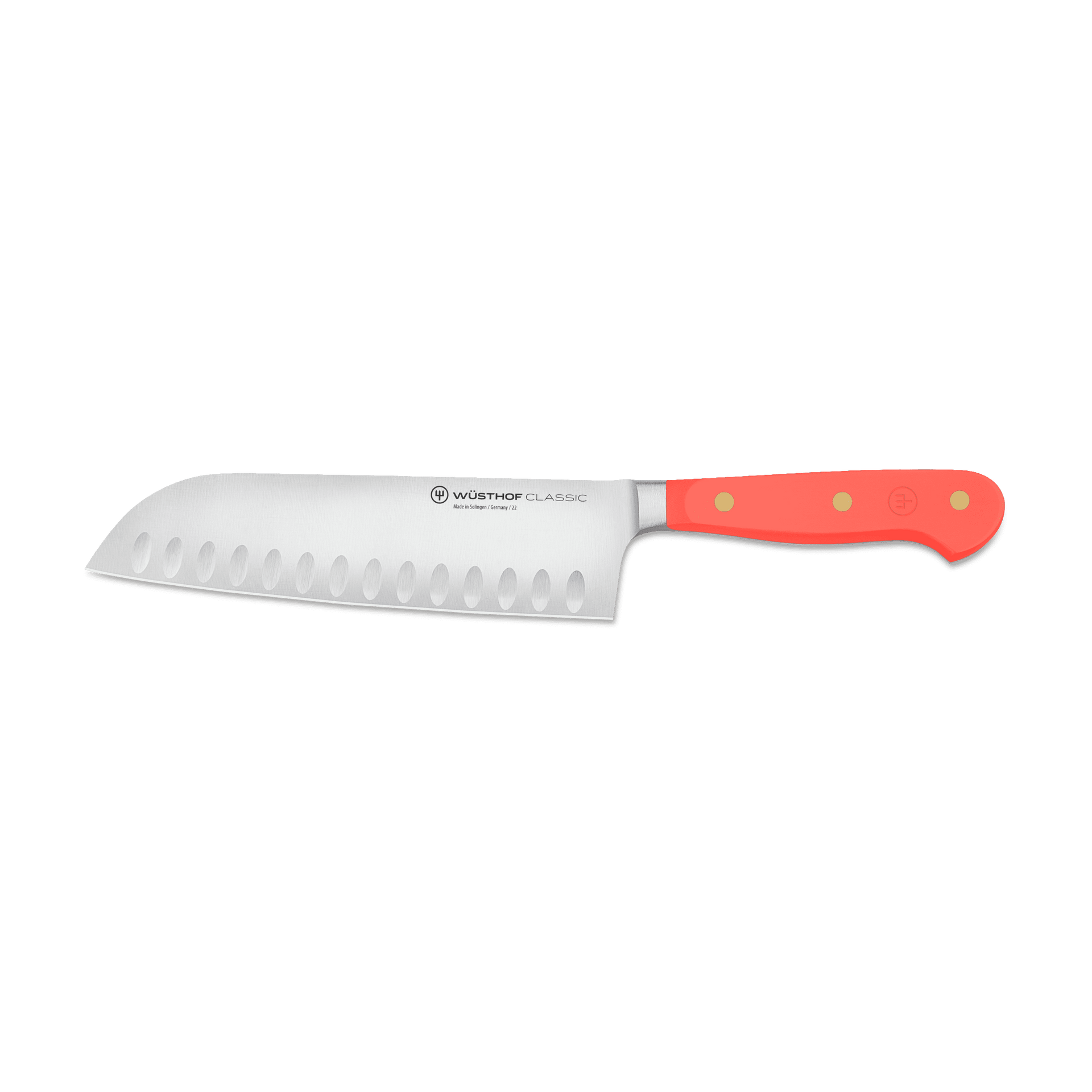 Classic 7" Hollow Edge Santoku with forged German stainless steel blade featuring oval indentations and a bright coral triple-riveted handle for precision cutting.