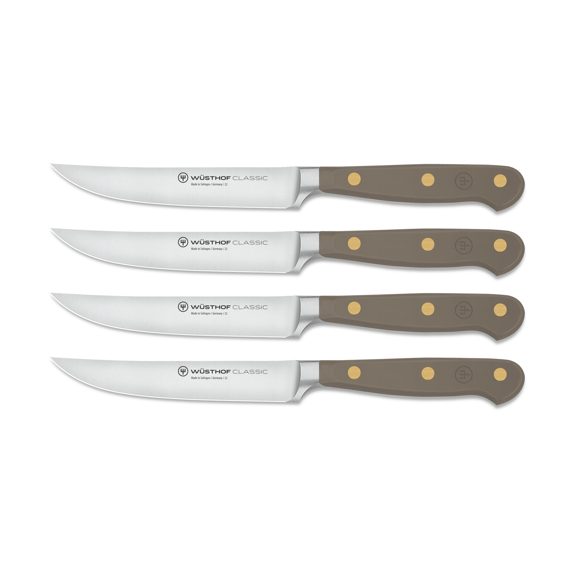 Classic 4-Piece Steak Knife Set featuring brown ergonomic handles with three brass rivets and sharp forged German steel blades with full tang construction.