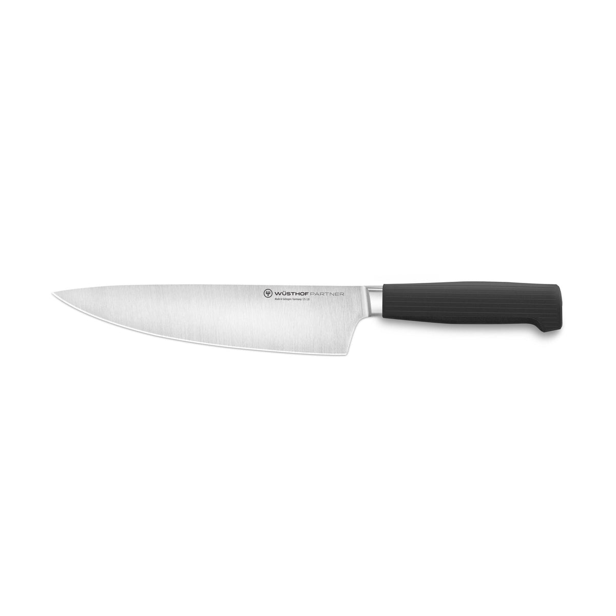 Partner 7-Piece Knife Block Set featuring a forged German chef’s knife with a sleek black ergonomic handle for efficient and precise kitchen cutting.