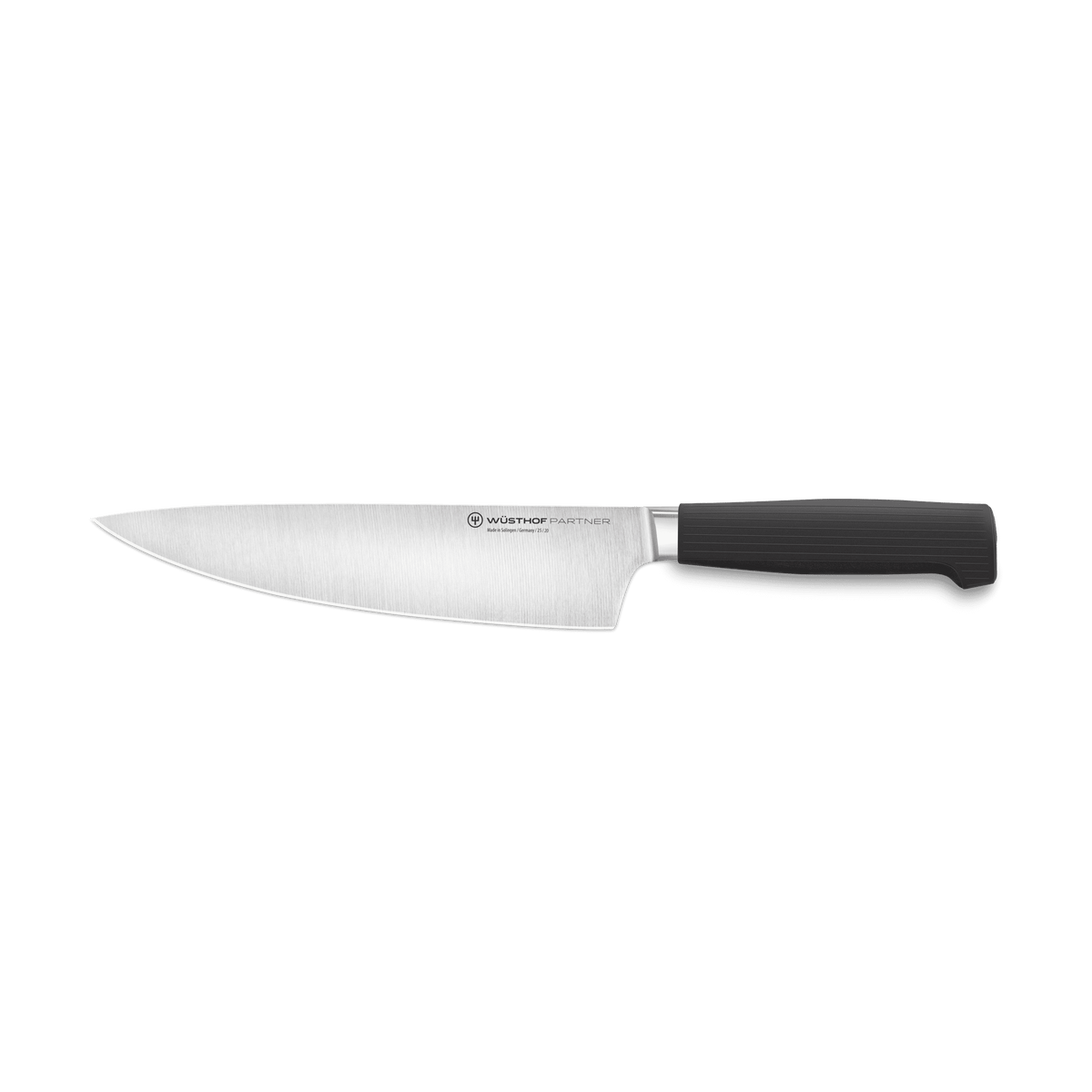 Partner 8” Chef’s Knife featuring a sharp, forged German blade with a smooth black ergonomic handle designed for precise cutting and professional kitchen use.