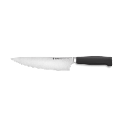 Partner 8” Chef’s Knife featuring a sharp, forged German blade with a smooth black ergonomic handle designed for precise cutting and professional kitchen use.