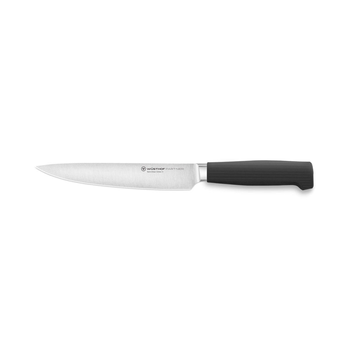 Partner 7-Piece Knife Block Set featuring a forged German chef’s knife with a sleek black ergonomic handle designed for precise cutting and professional use.