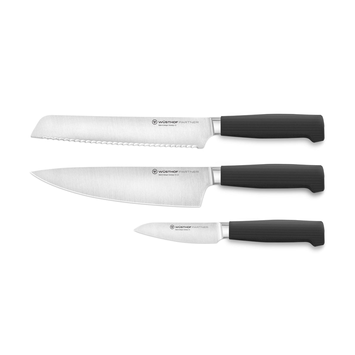 Partner 3-Piece Knife Set featuring forged German blades with sleek black ergonomic handles for precise cutting and versatile kitchen use.