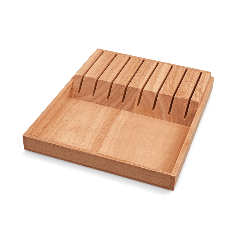 Gourmet 9-Piece In-Drawer Knife Tray Set featuring a natural wood tray with eight slotted compartments for organized and secure knife storage inside drawers.