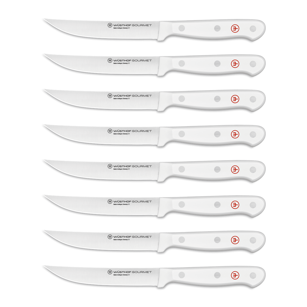 Gourmet 9-Piece In-Drawer Knife Tray Set showcasing seven assorted knives with white ergonomic handles and polished stainless steel forged blades for precise kitchen use.