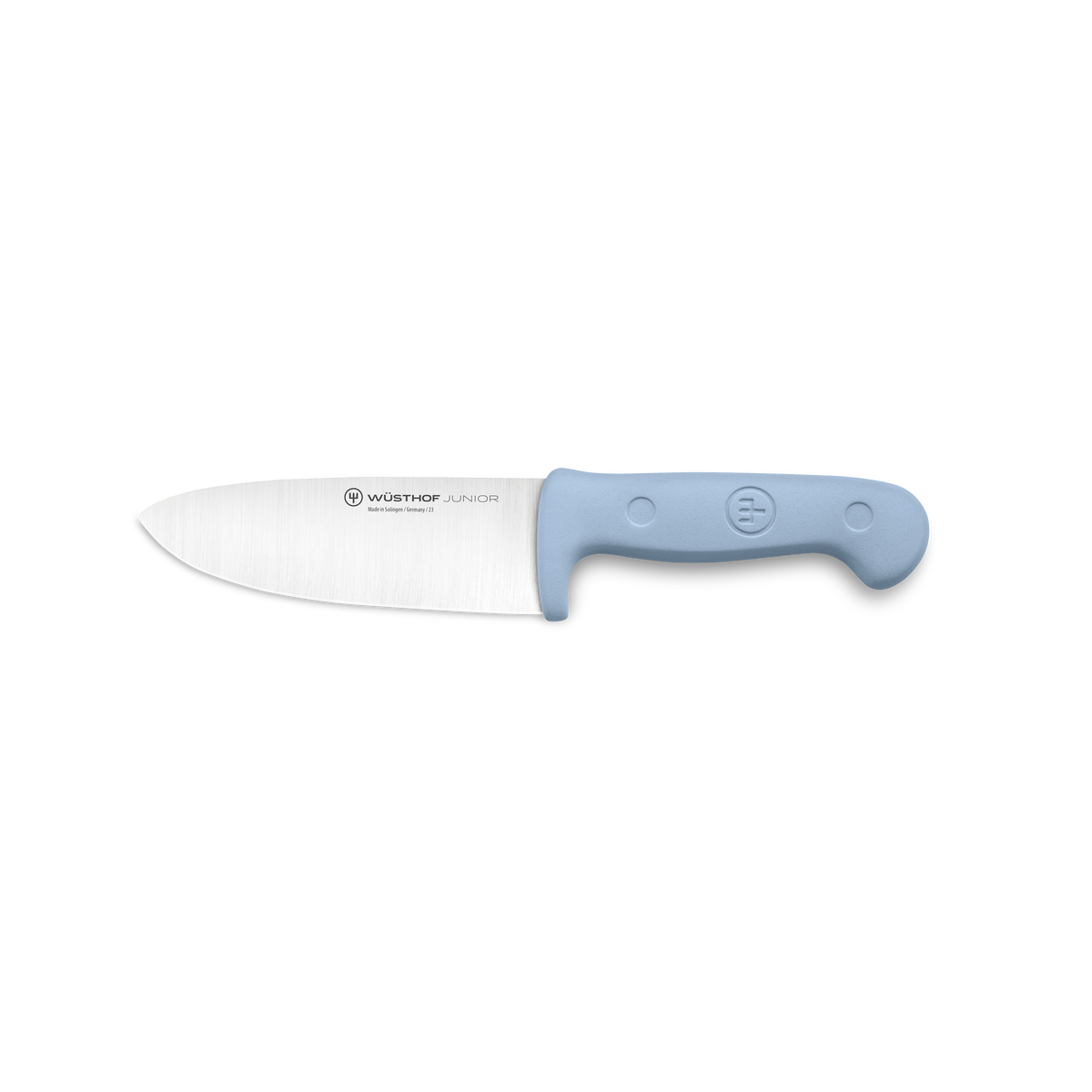 Junior 4" Chef’s Knife for Children featuring a sharp forged German stainless steel blade with an ergonomic light blue handle designed for young cooks.