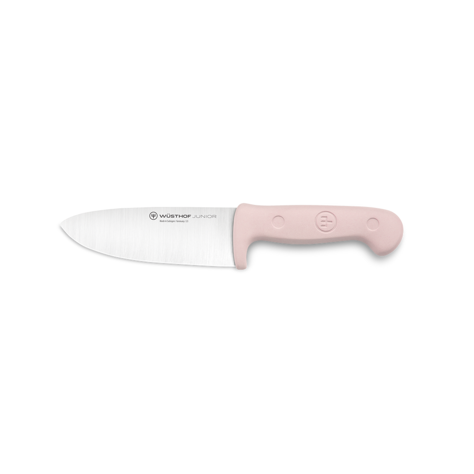 Junior 4" Chef’s Knife for Children with a forged German stainless steel blade and ergonomic soft pink handle designed for safe use by young cooks