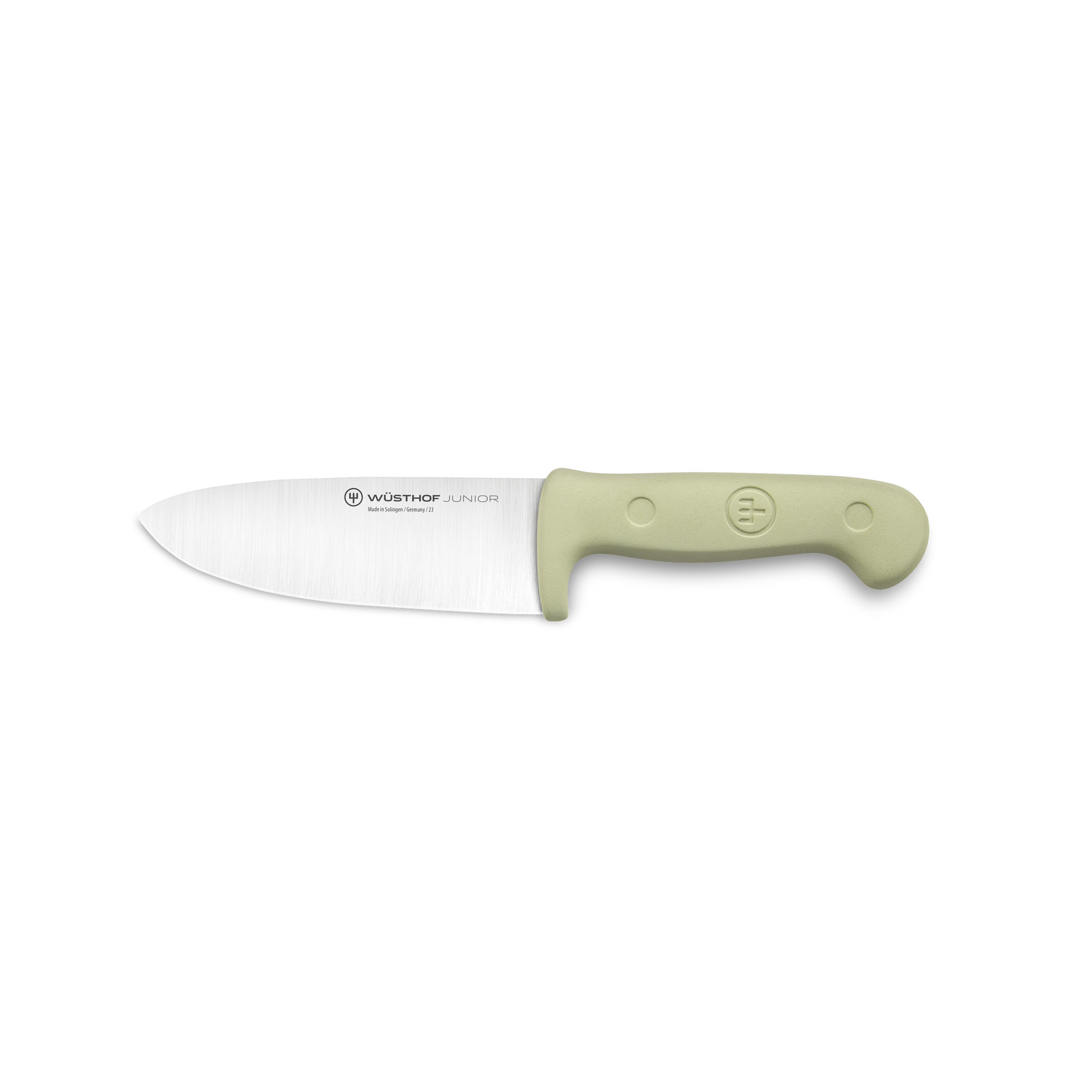 Junior 4" Chef’s Knife for Children with a forged German stainless steel blade and light green ergonomic handle designed for young chefs.