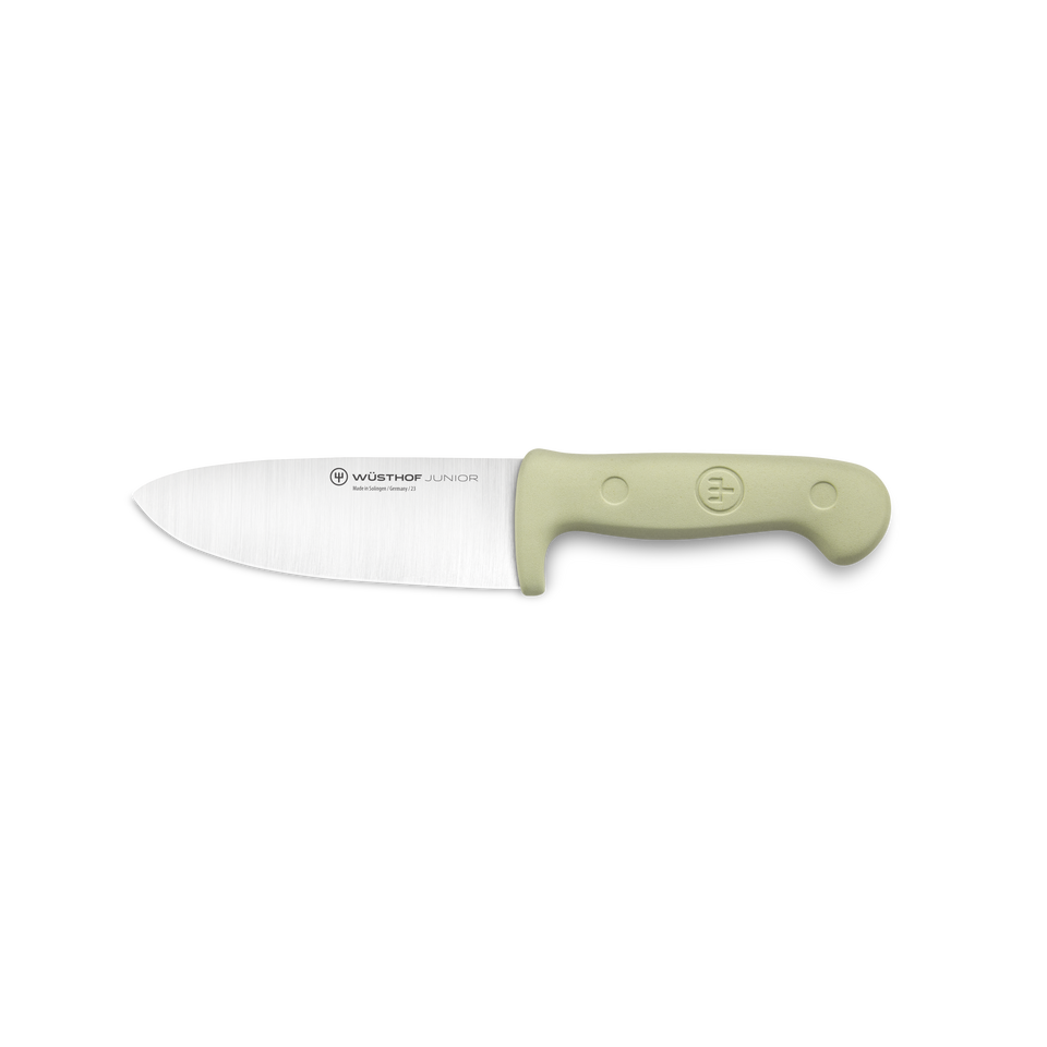 Junior 4" Chef’s Knife for Children with a forged German stainless steel blade and light green ergonomic handle designed for young chefs.