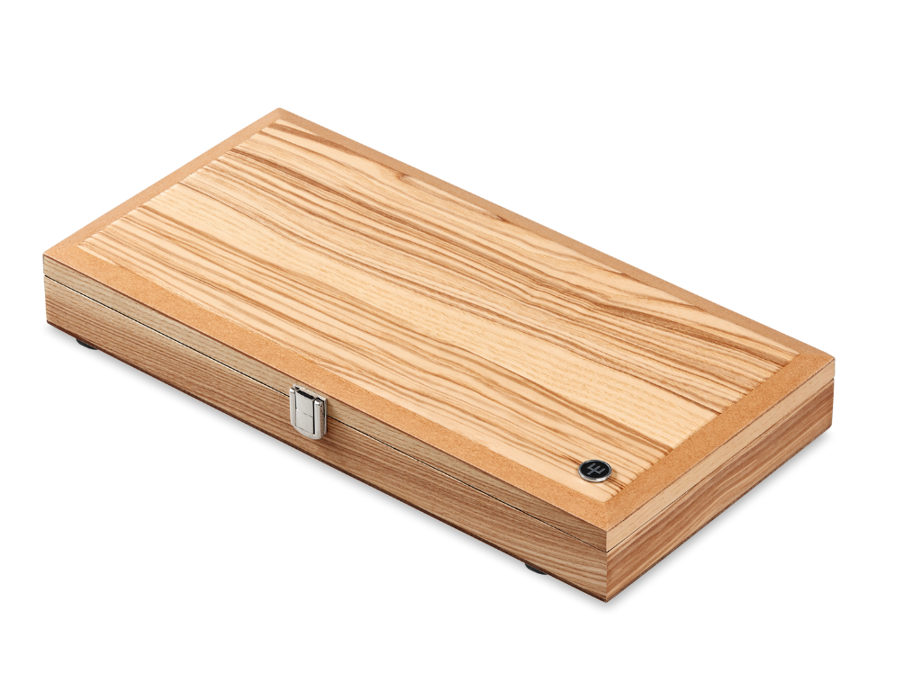Closed wooden presentation box with light natural wood grain and a metal latch, designed to hold the 10-Piece Stainless Mignon Steak & Carving Set.