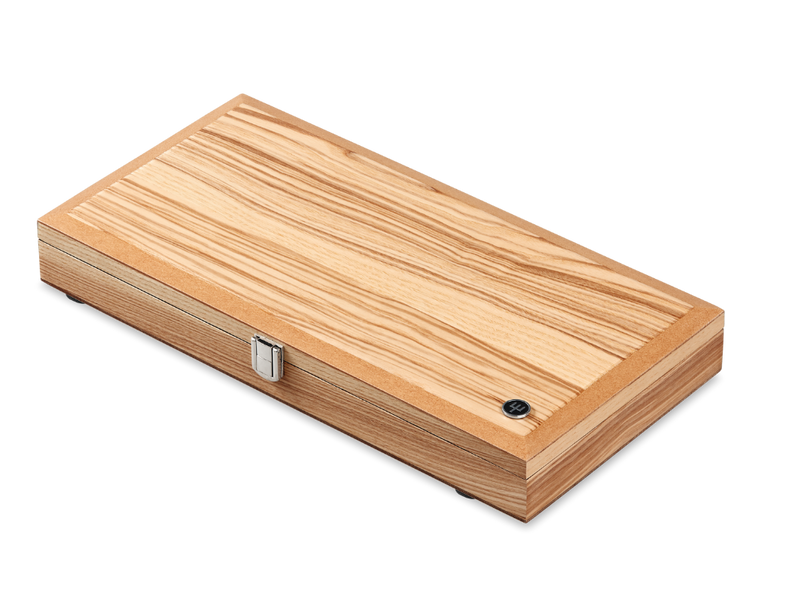 Closed wooden presentation box with light natural wood grain and a metal latch, designed to hold the 10-Piece Stainless Mignon Steak & Carving Set.