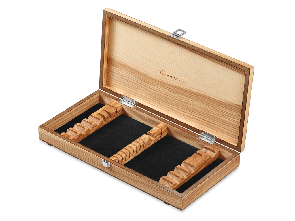 10-Piece Stainless Mignon Steak & Carving Set presented in an open wooden box with custom wooden slots designed to securely hold each knife in place.