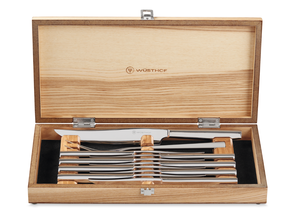 10-Piece Stainless Mignon Steak & Carving Set featuring polished stainless steel knives with sleek modern handles displayed in an open wooden box