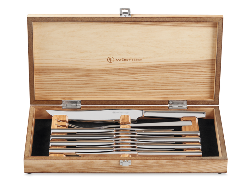 10-Piece Stainless Mignon Steak & Carving Set featuring polished stainless steel knives with sleek modern handles displayed in an open wooden box