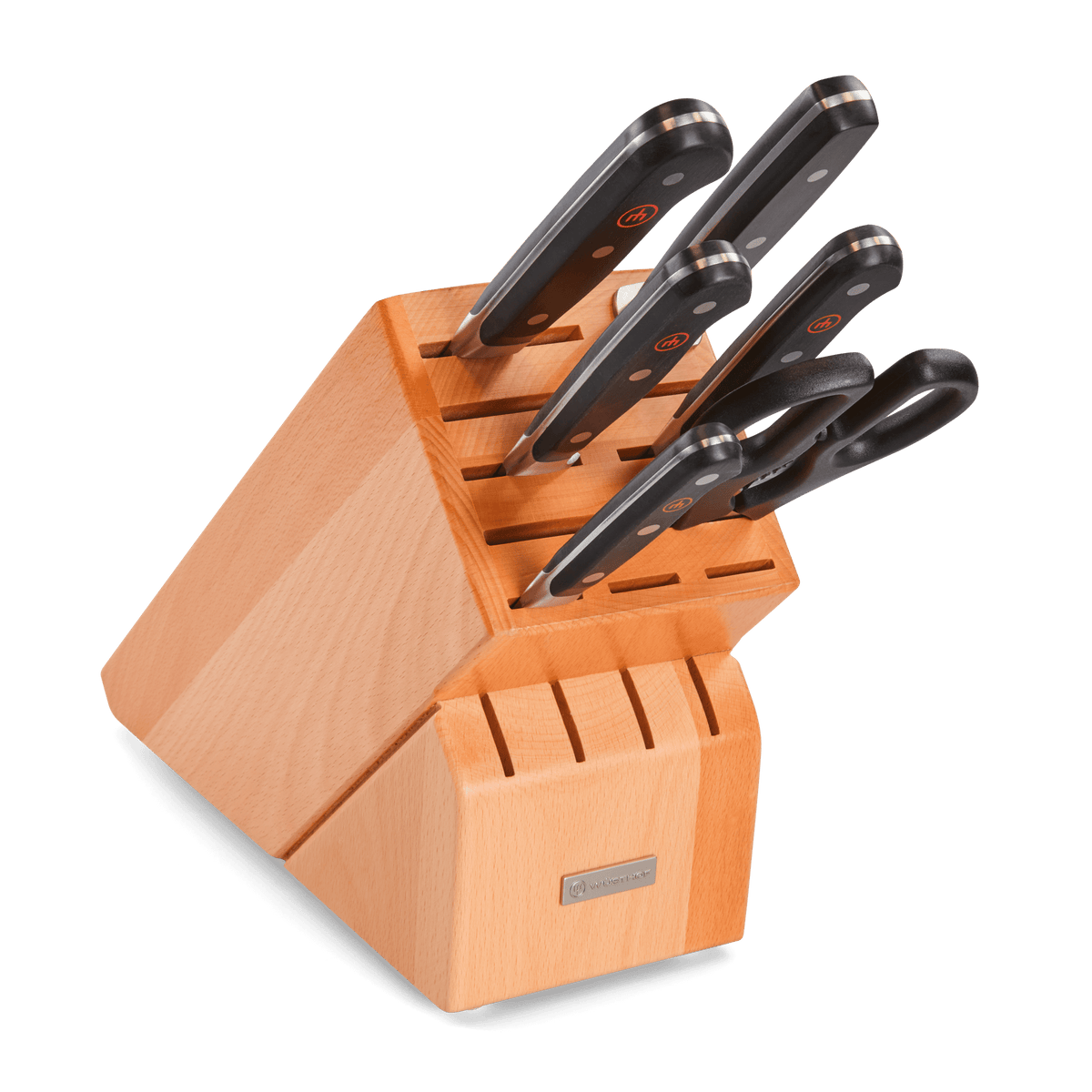 Classic 7-Piece Knife Block Set displaying forged German knives with black ergonomic handles and polished rivets housed in a natural wooden knife block.