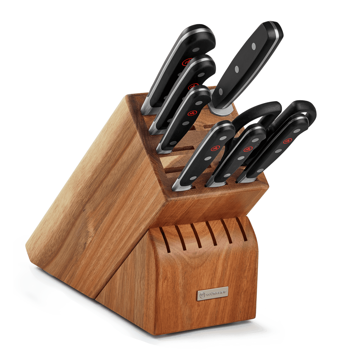 Classic 9-Piece Knife Block Set, Acacia featuring forged German knives with triple-riveted black handles neatly stored in a polished acacia wood block.