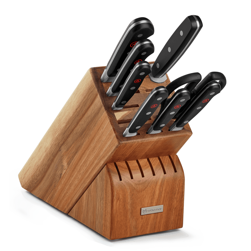 Classic 9-Piece Knife Block Set, Acacia featuring forged German knives with triple-riveted black handles neatly stored in a polished acacia wood block.