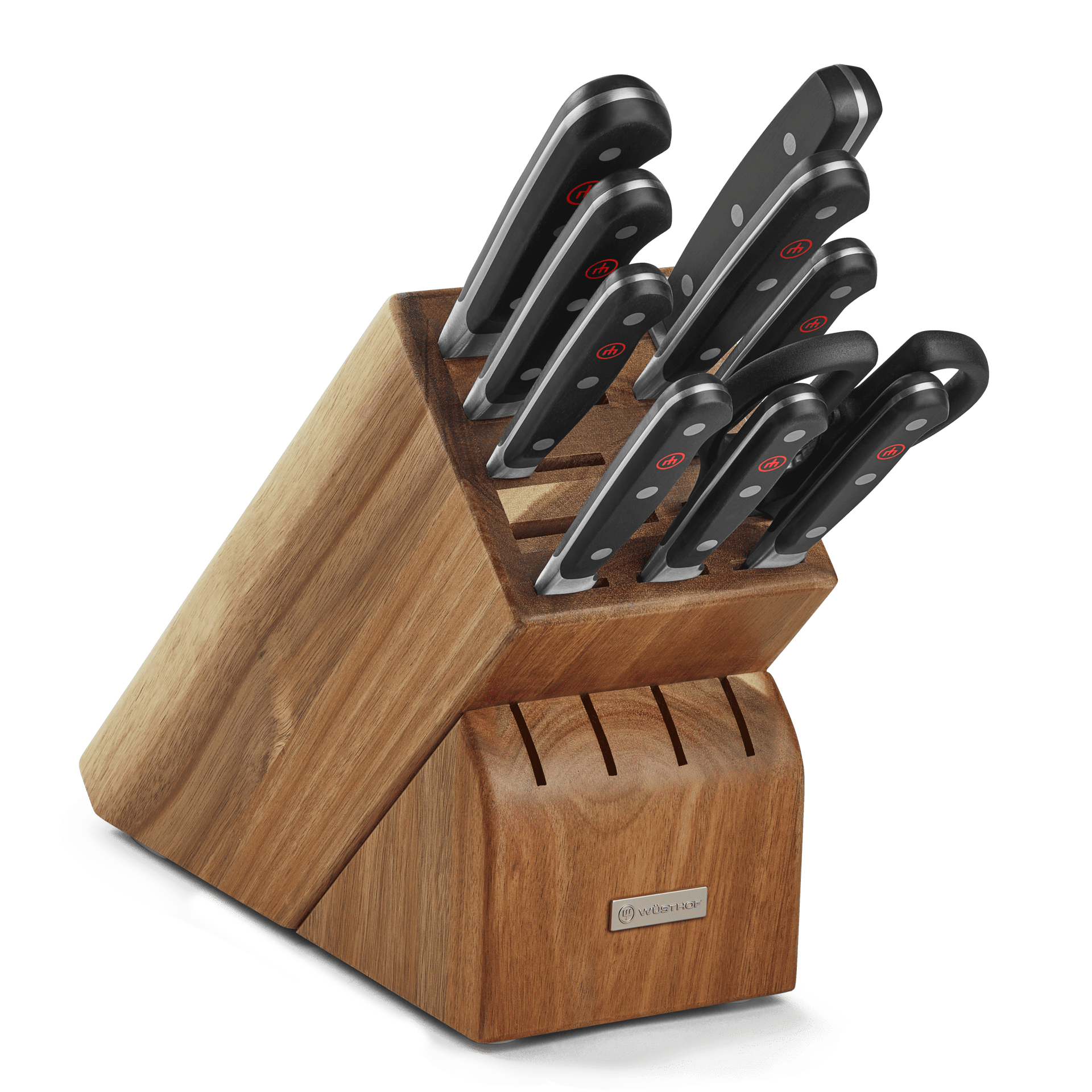Classic 11-Piece Knife Block Set, Acacia displaying forged German kitchen knives with ergonomic black handles stored in a polished acacia wood block.