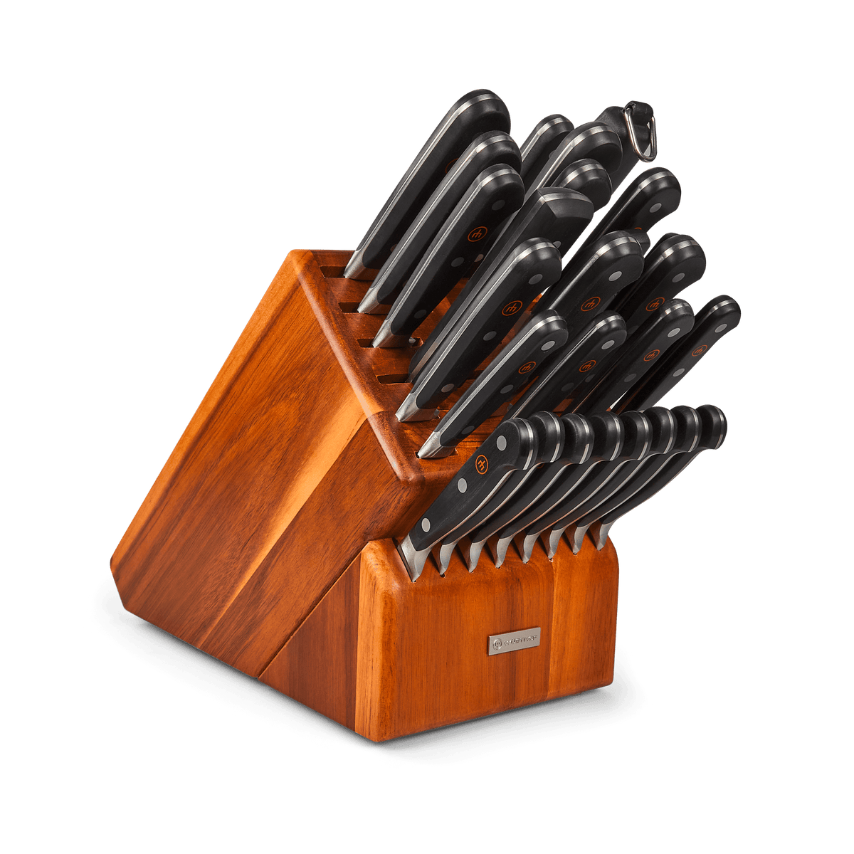 Classic 26-Piece Knife Block Set featuring forged German knives with black ergonomic handles and triple rivets, displayed in a polished wooden storage block.