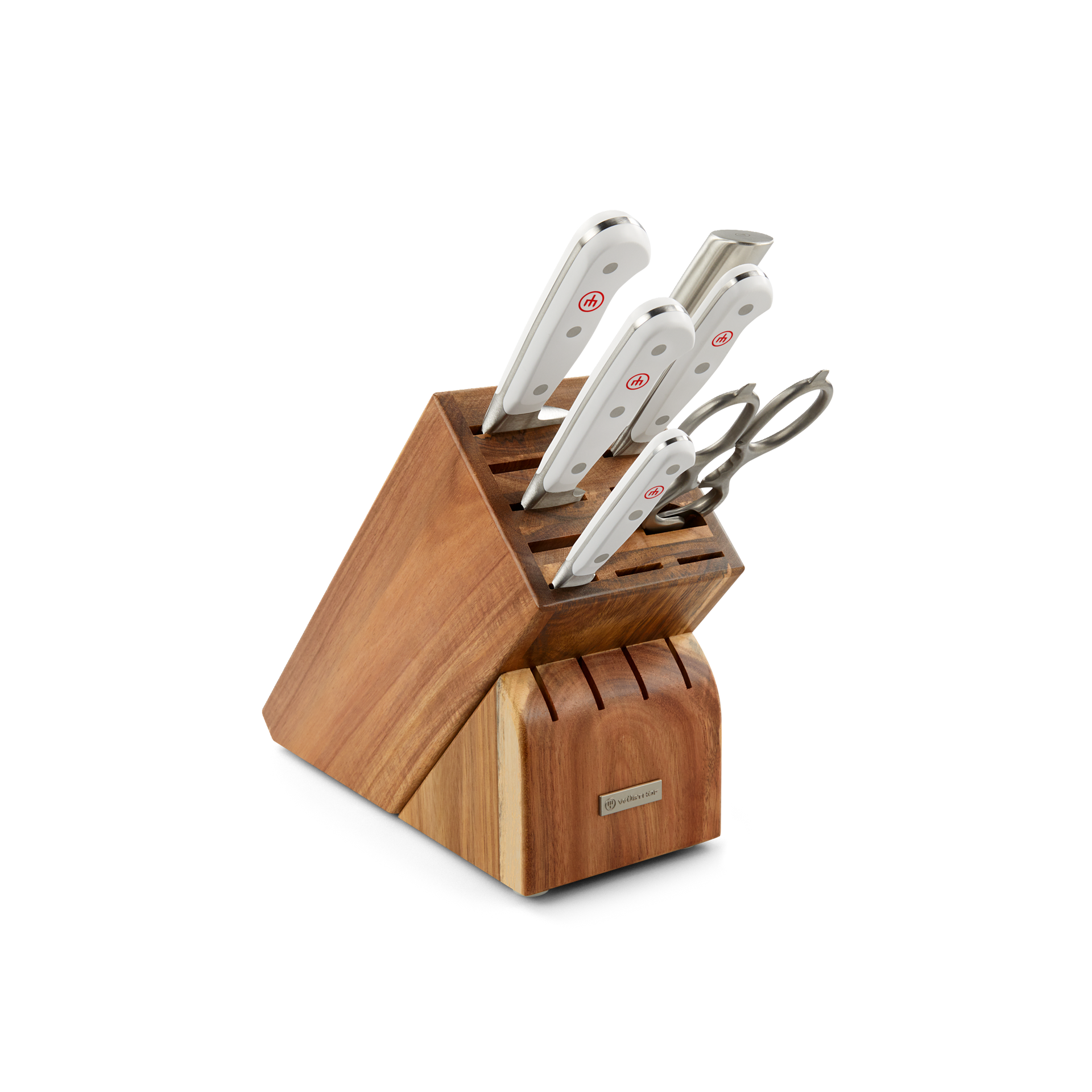 Classic 7-Piece Knife Block Set featuring forged German steel blades with white ergonomic handles and a wooden block with a natural finish.
