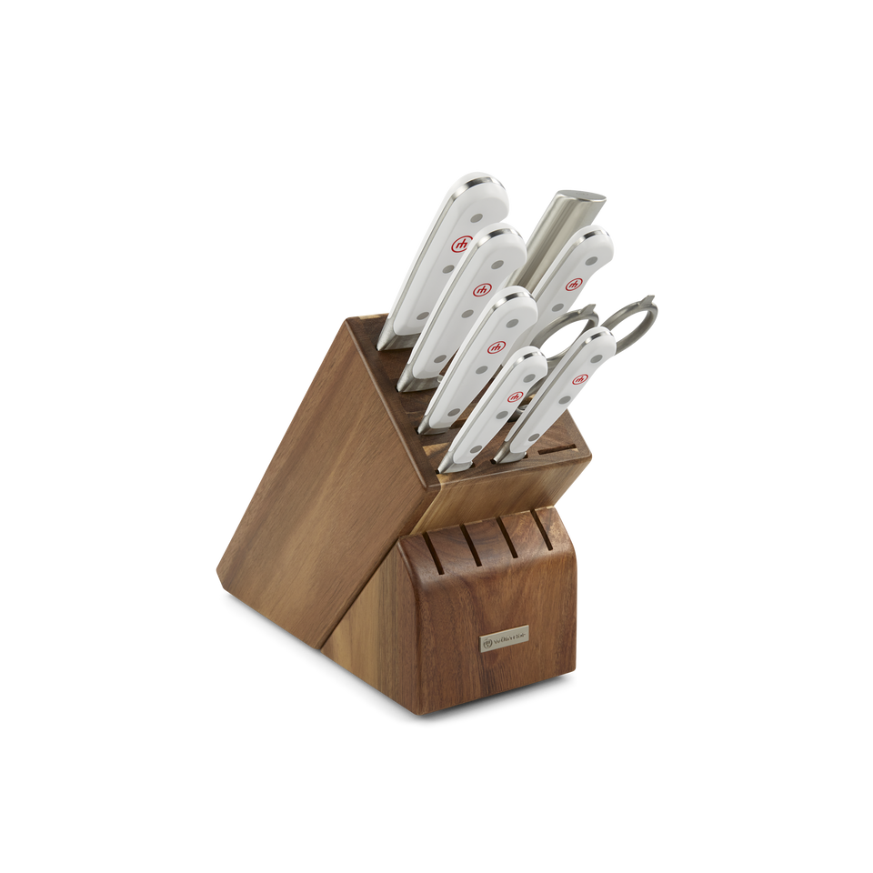 Classic 9-Piece Knife Block Set featuring forged German steel blades with ergonomic white handles and a polished wooden storage block.