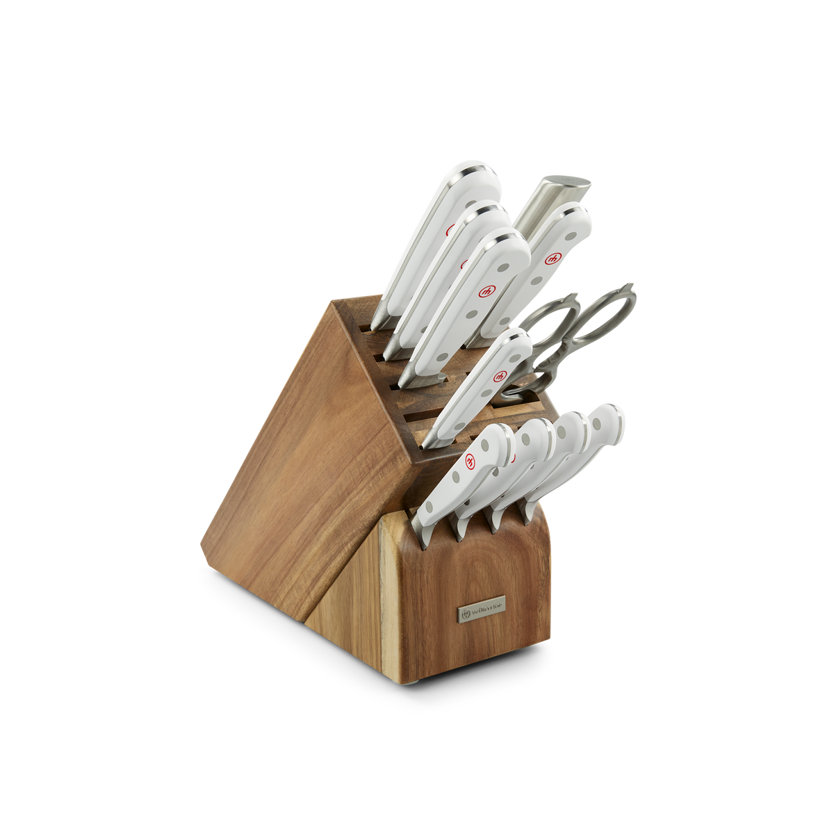 Classic 12-Piece Knife Block Set featuring forged German steel blades with ergonomic white handles and a polished wooden storage block with kitchen shears.