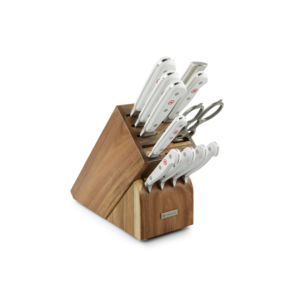 Classic 12-Piece Knife Block Set featuring forged German steel blades with ergonomic white handles and a polished wooden storage block with kitchen shears.