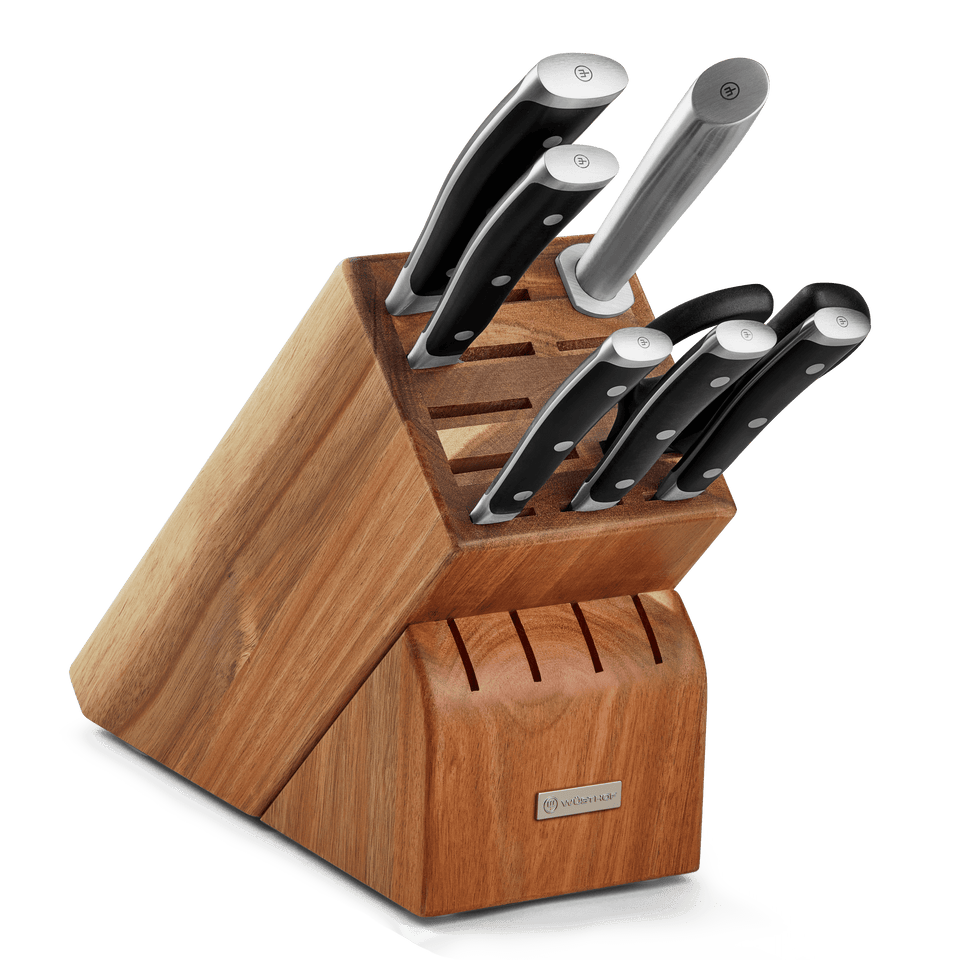 Classic Ikon 8-Piece Knife Block Set featuring forged German knives with ergonomic black handles and a polished wooden block with a sharpening steel.