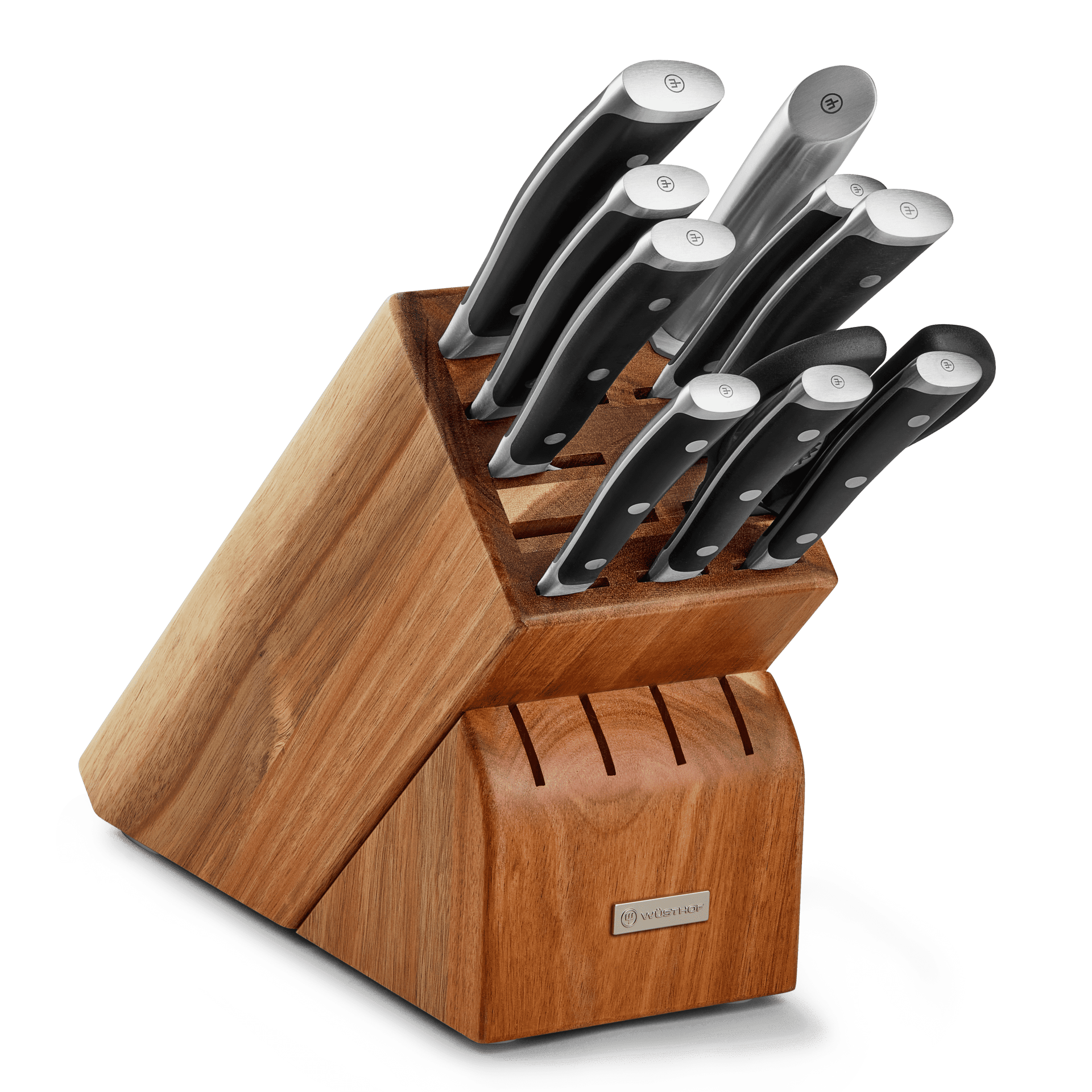 Classic Ikon 11-Piece Knife Block Set displaying a natural wood block with forged German knives featuring black ergonomic handles and polished stainless steel tops.
