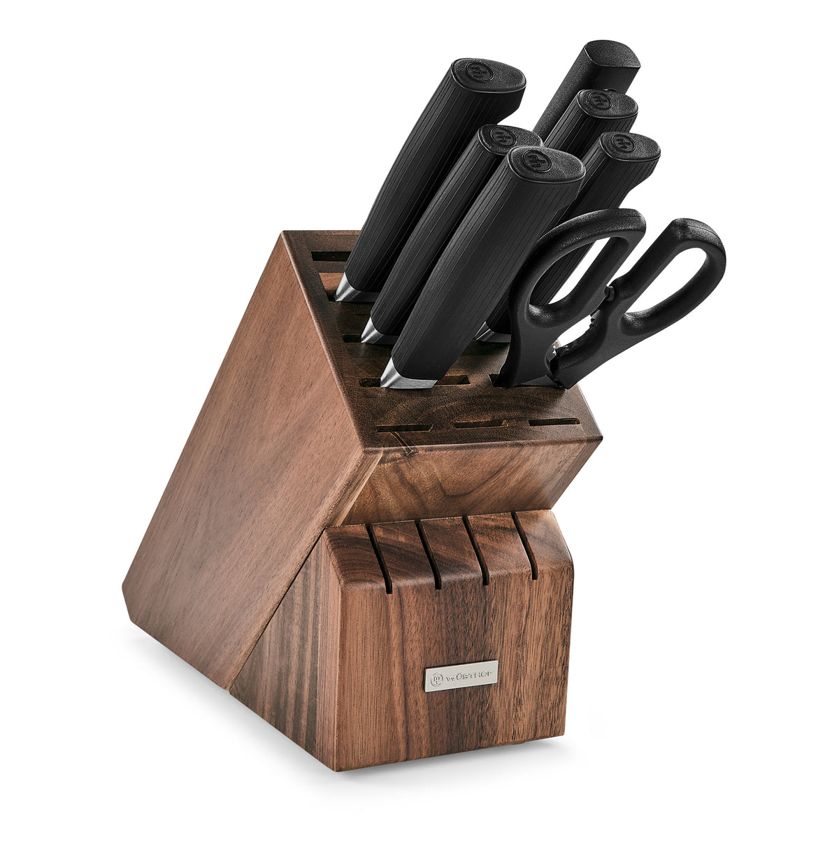 Partner 8-Piece Knife Block Set featuring forged German knives with textured black ergonomic handles and a wooden block for organized kitchen storage.