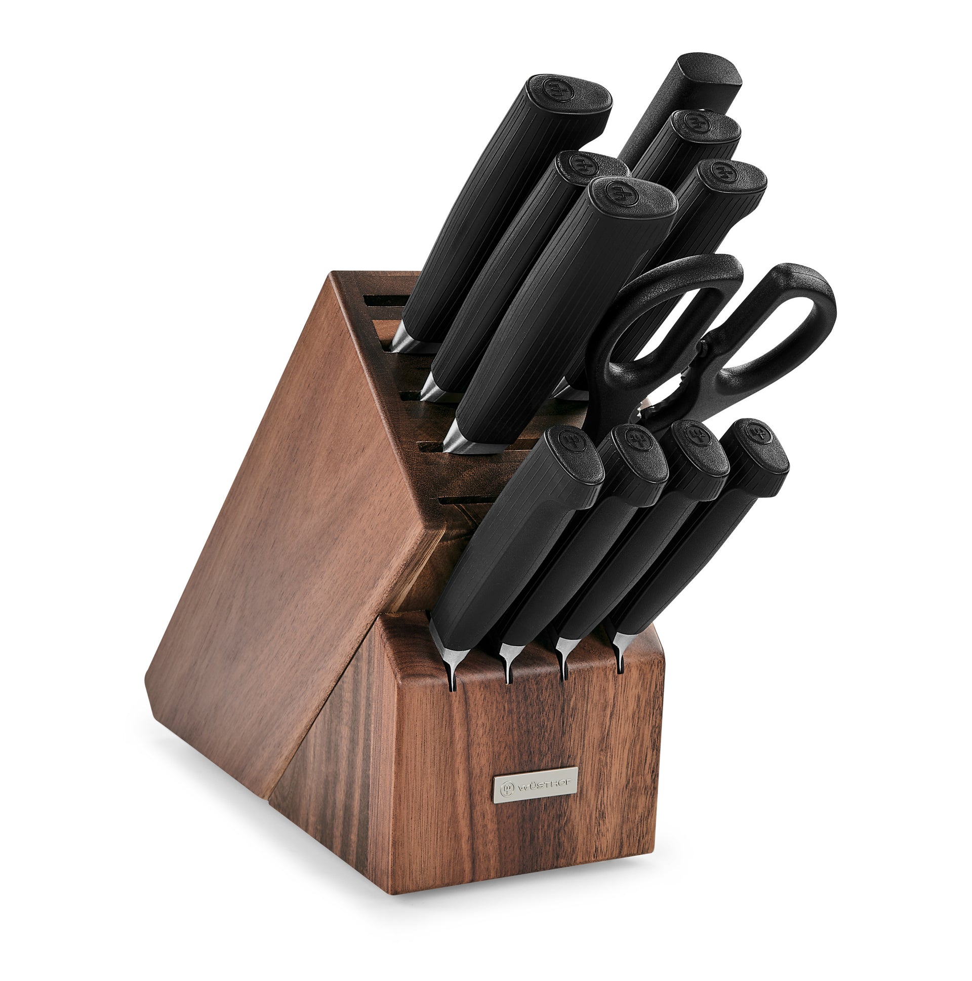 Partner 12-Piece Knife Block Set with sharp forged German blades, textured black ergonomic handles, kitchen shears, and a walnut wood storage block.