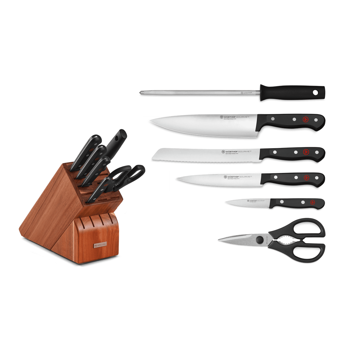 Gourmet 7-Piece Knife Block Set displaying forged German knives with black ergonomic handles, kitchen shears, a sharpening steel, and a natural wood block.