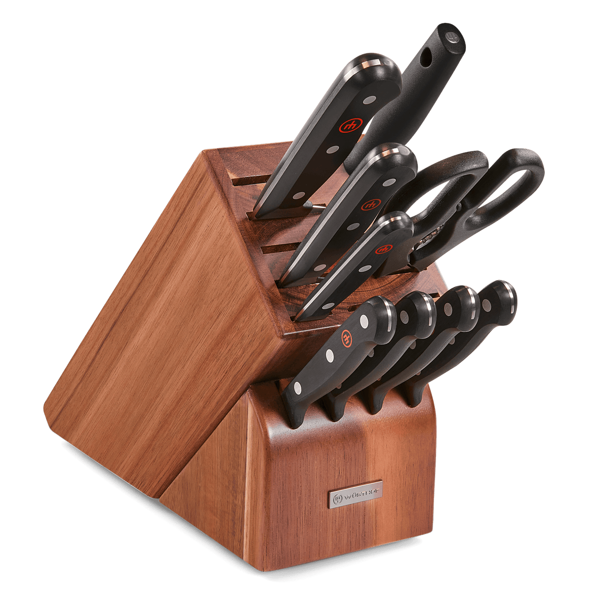 Set of knives in a wooden block with Wusthof logo on a transparent background