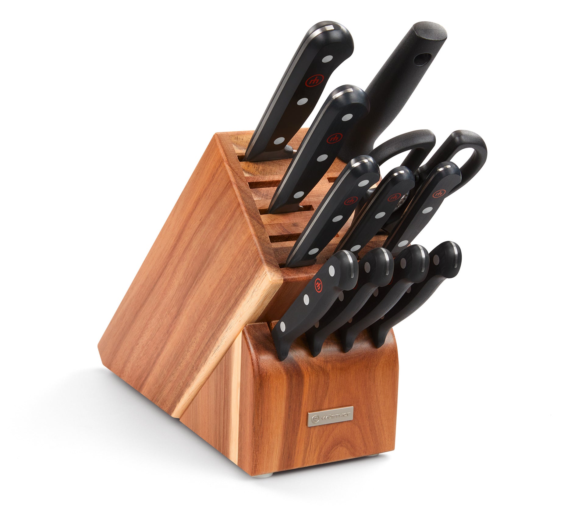 Gourmet 12-Piece Knife Block Set featuring black ergonomic handles with triple rivets and a polished wooden block for organized kitchen storage.