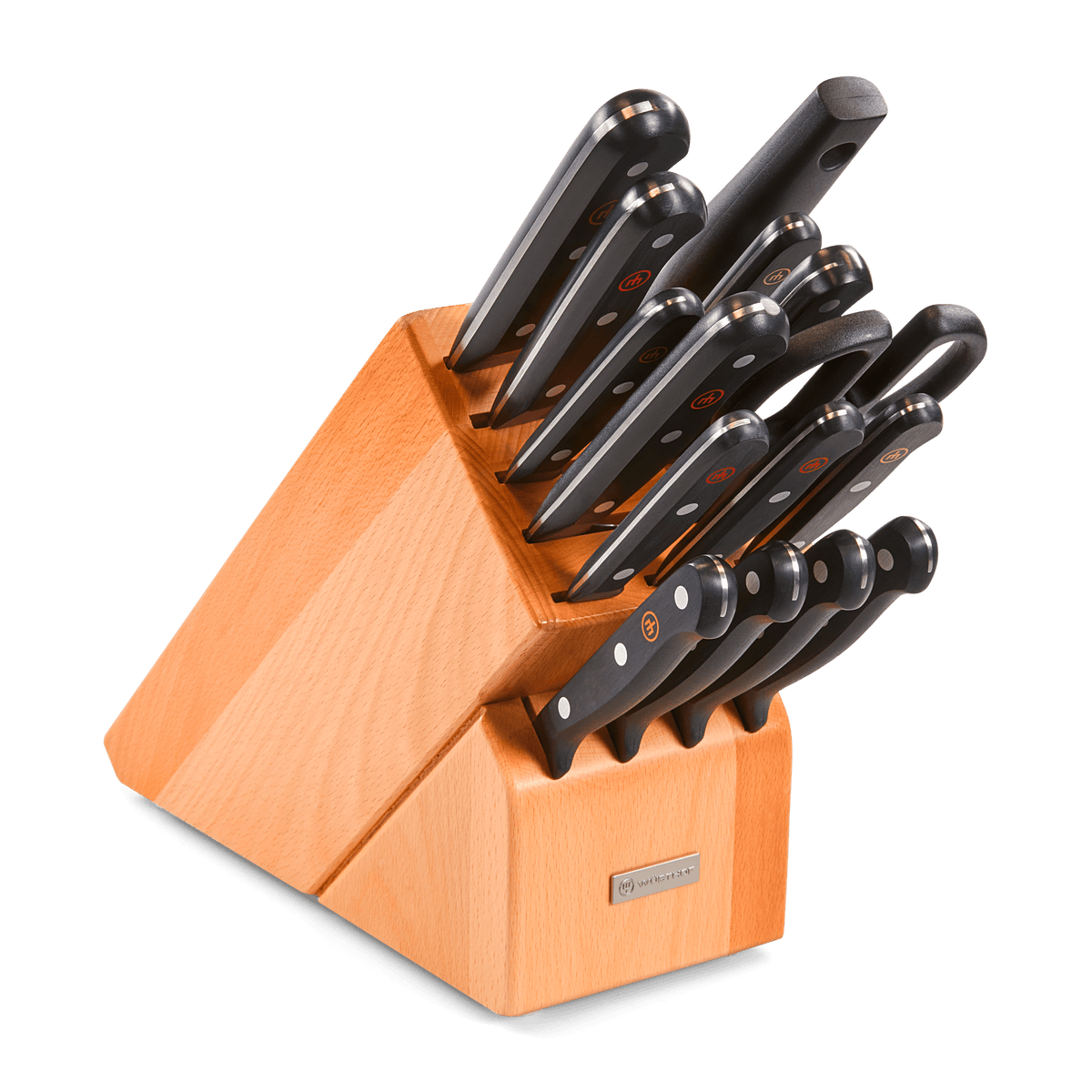 Gourmet 16-Piece Knife Block Set with ergonomic black handles and stainless steel blades, including various knives neatly organized in a wooden block.