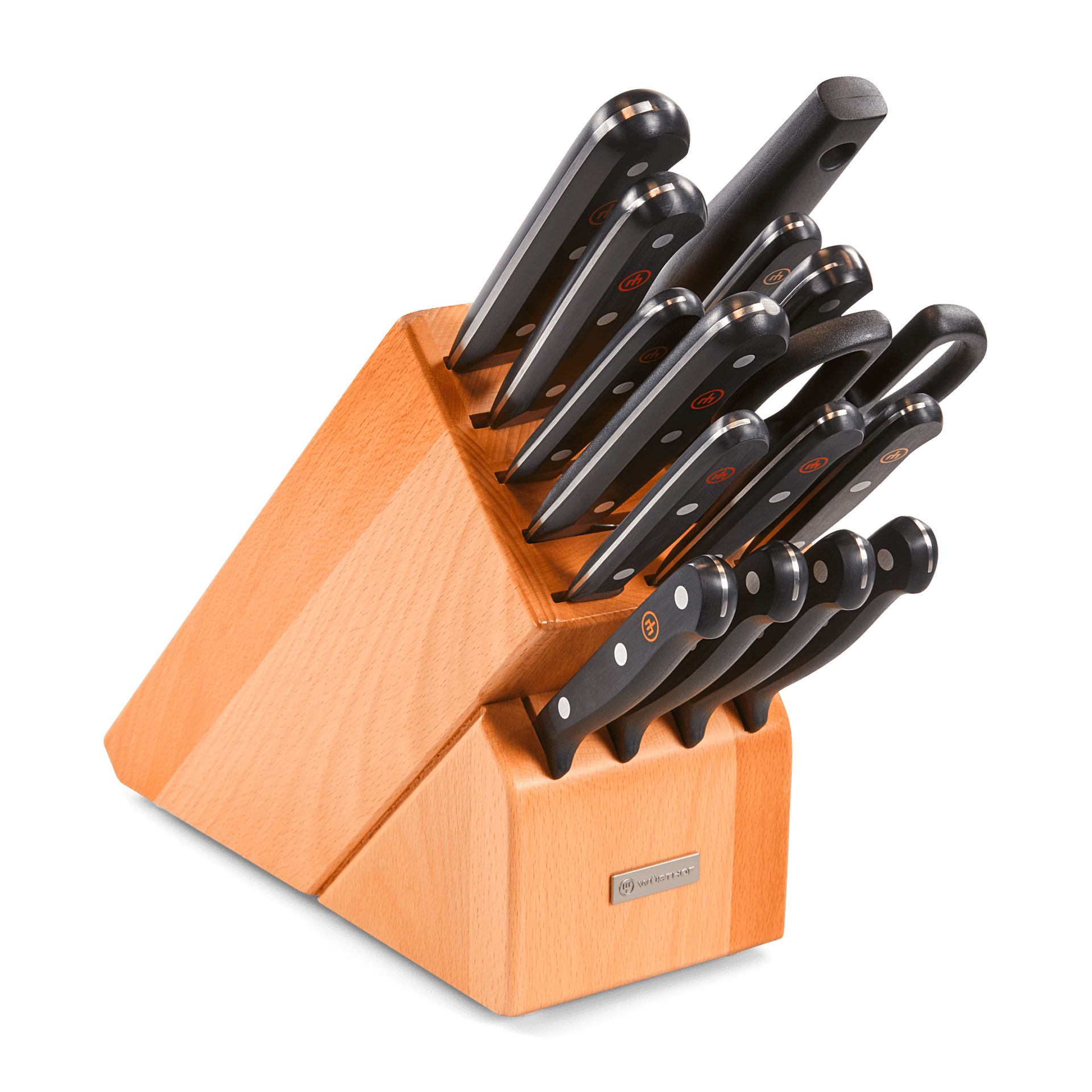 Gourmet 16-Piece Knife Block Set with ergonomic black handles and stainless steel blades, including various knives neatly organized in a wooden block.