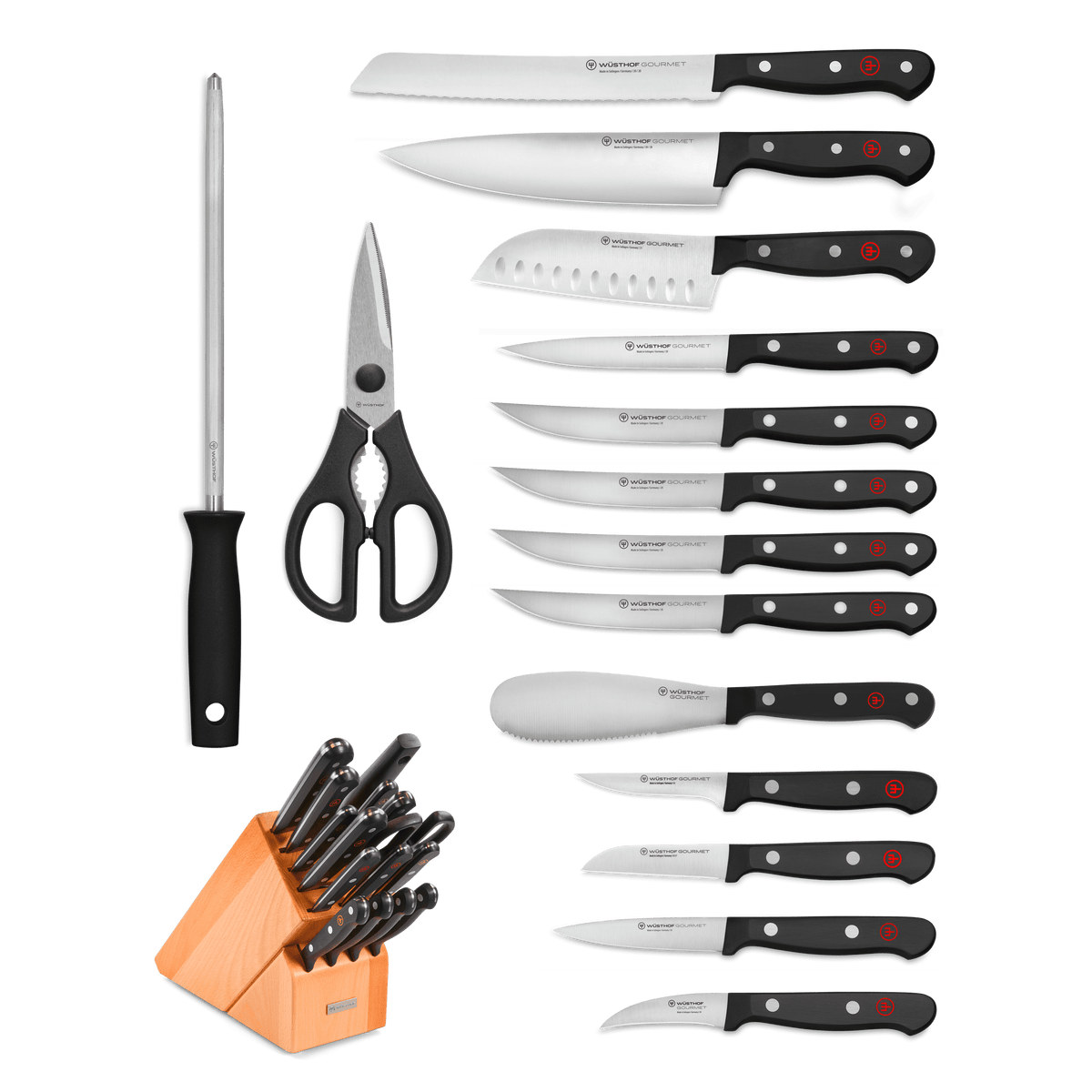 Gourmet 16-Piece Knife Block Set featuring precision-forged German knives with ergonomic black handles, a honing steel, kitchen shears, and a wooden storage block.