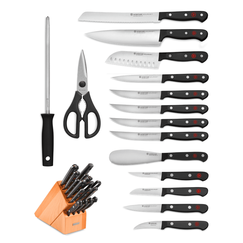 Gourmet 16-Piece Knife Block Set featuring precision-forged German knives with ergonomic black handles, a honing steel, kitchen shears, and a wooden storage block.