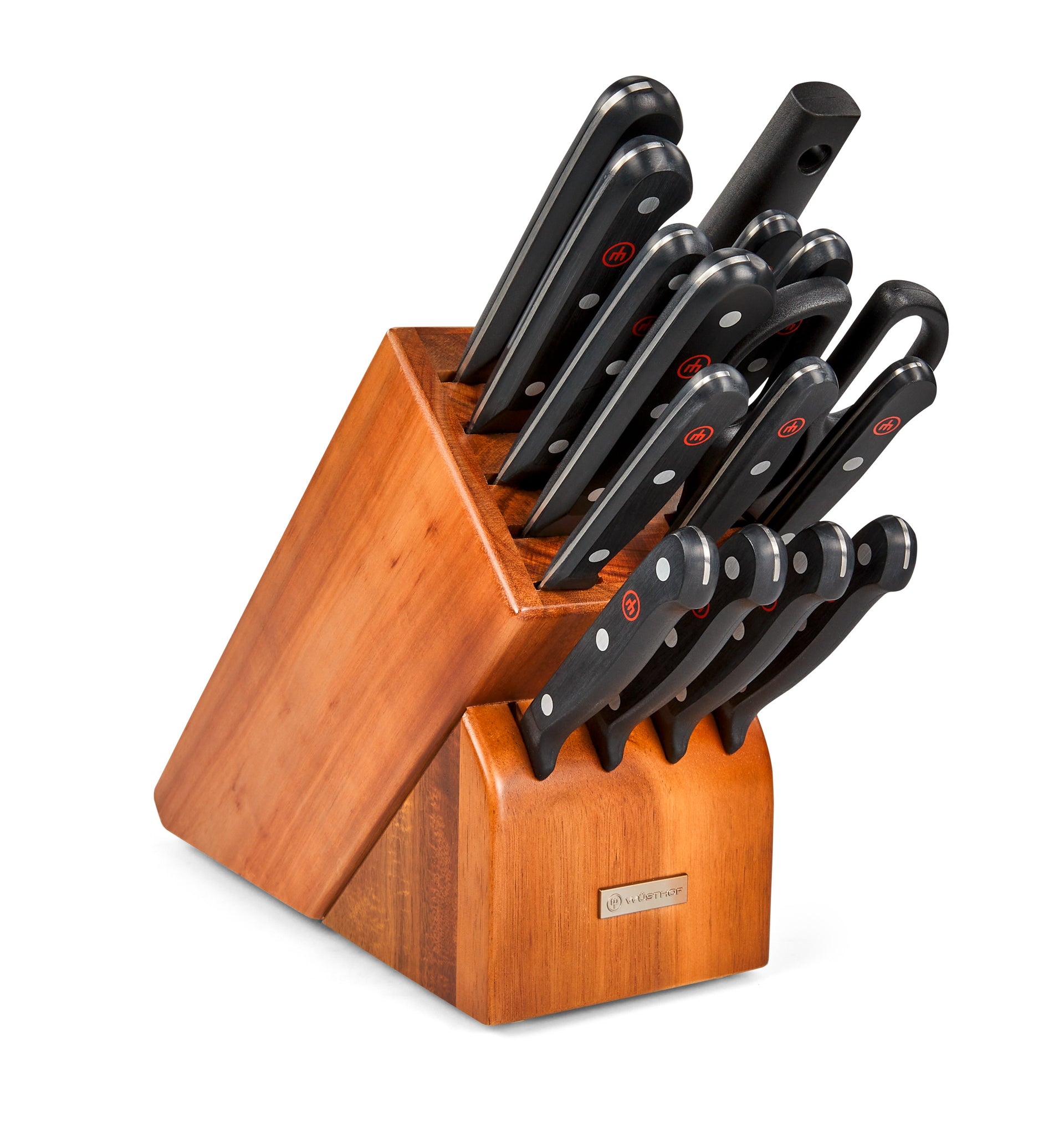 Gourmet 16-Piece Knife Block Set featuring forged German knives with black ergonomic handles and a wooden storage block for organized kitchen use.